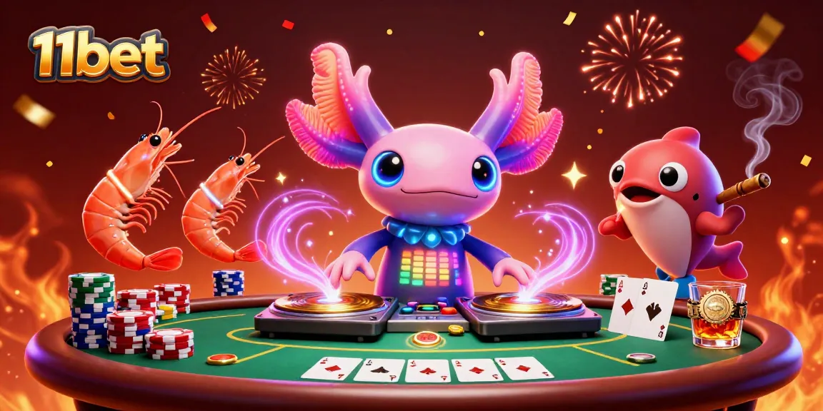 Engage with 11bet's vibrant casino scene featuring colorful characters and dynamic poker elements.