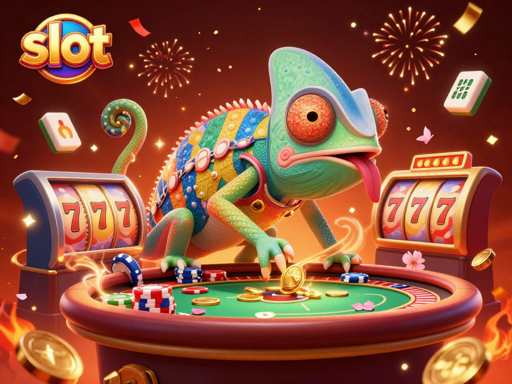 Experience thrilling slot action as a chameleon casino owner captures golden coins, surrounded by festive gaming elements.