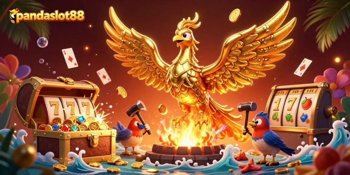 Menggairahkan permainan slot di pandaslot88 dengan ilustrasi 3D berwarna-warni yang menampilkan phoenix emas dan peti harta karun penuh koin.