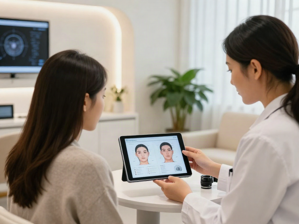 ClinicEvo cheaper than QOVES consultation featuring a client analyzing facial aesthetics with a specialist.