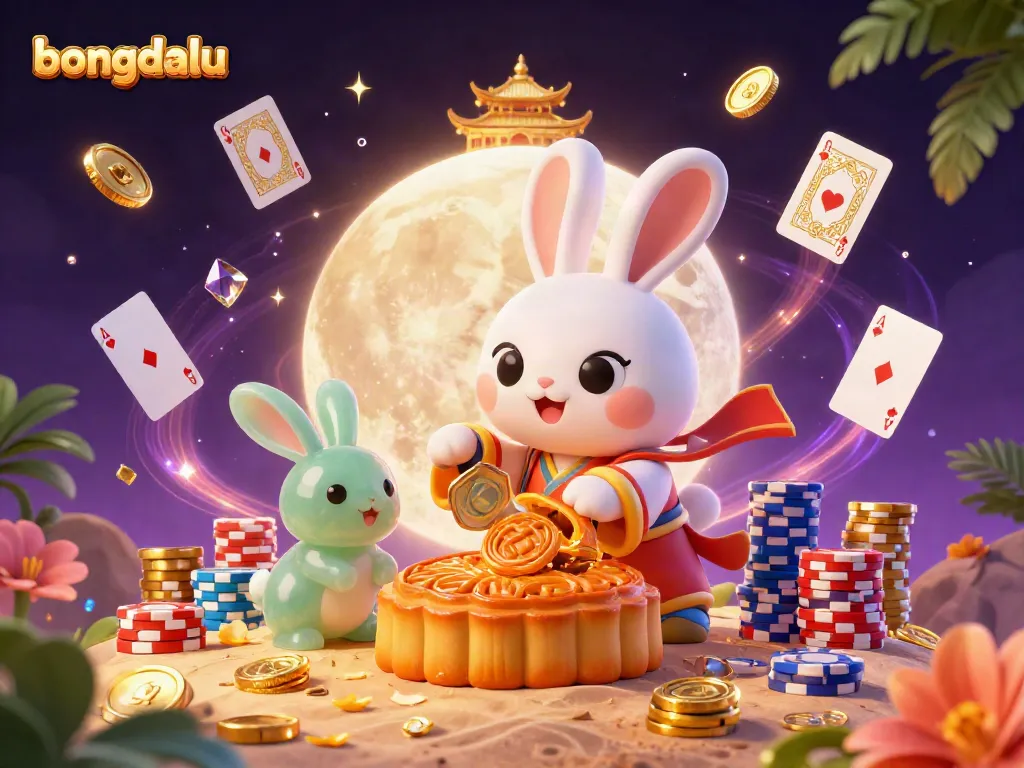 Bongdalu's moon rabbit character reveals poker chips in a festive gambling illustration.