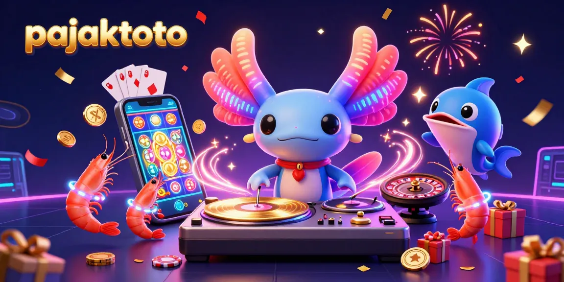 Pajaktoto menunjukkan DJ axolotl neon yang menakjubkan dengan permainan slot berkilau dan koin emas menyeruak.