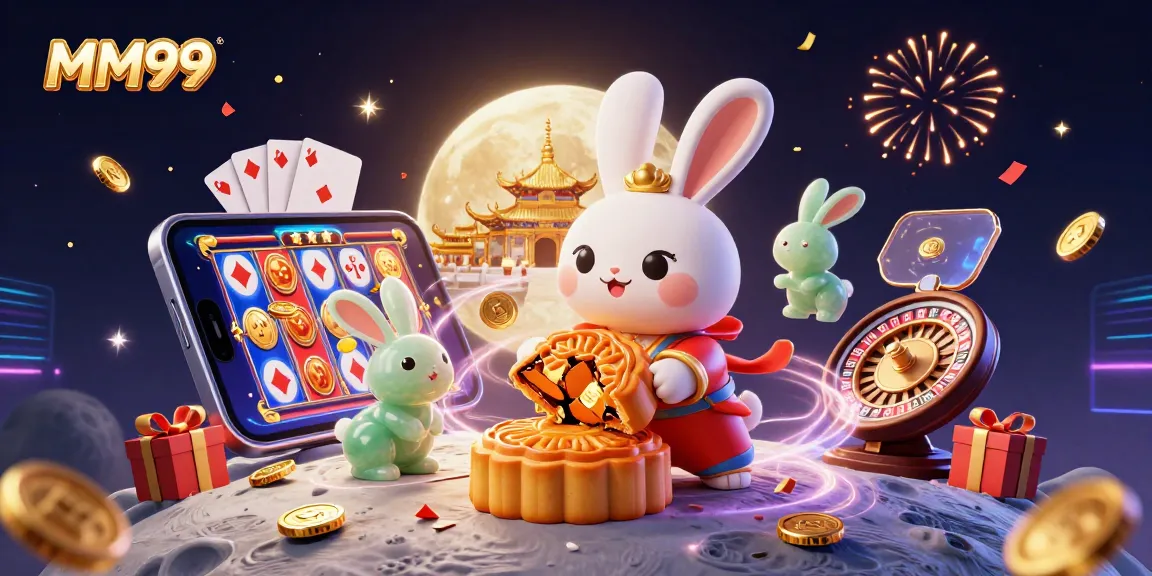 Experience the thrill of MM99 with a vibrant 3D casino scene featuring moon rabbits and casino elements.