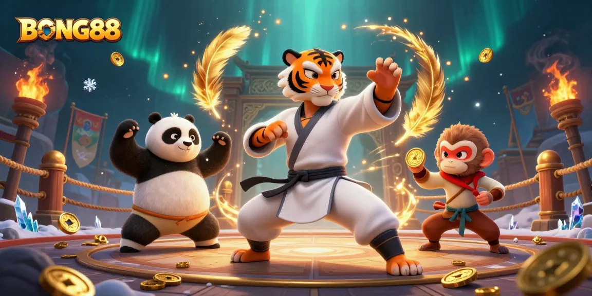 BONG88 presents a vibrant 3D scene featuring a kung fu tiger master and friends in a dynamic casino environment.