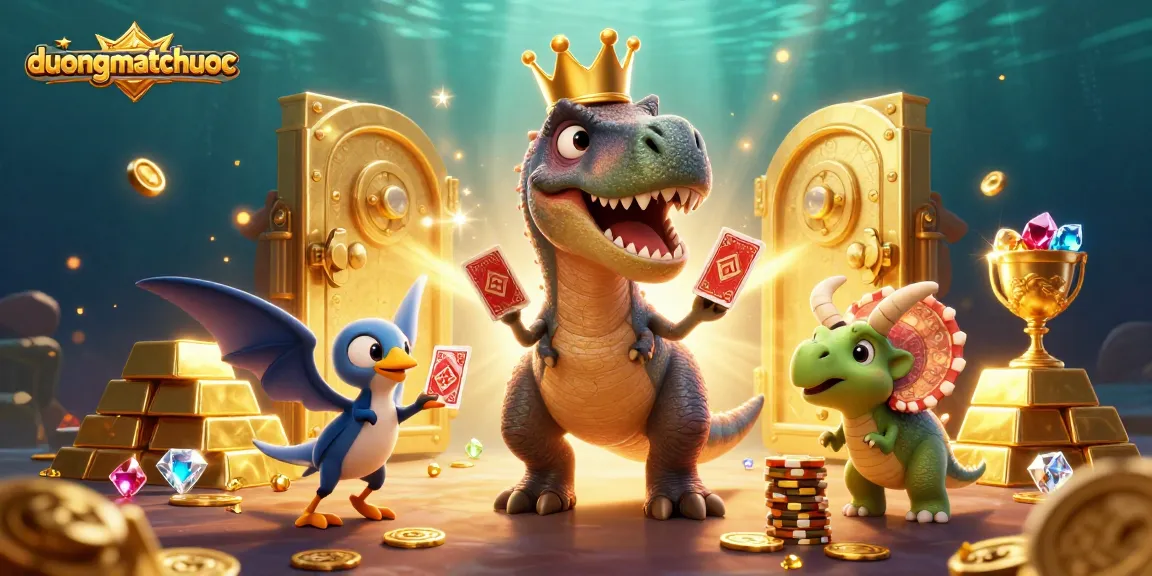 Spin the reels of duongmatchuoc with the friendly dinosaur and vibrant casino treasures showcased.