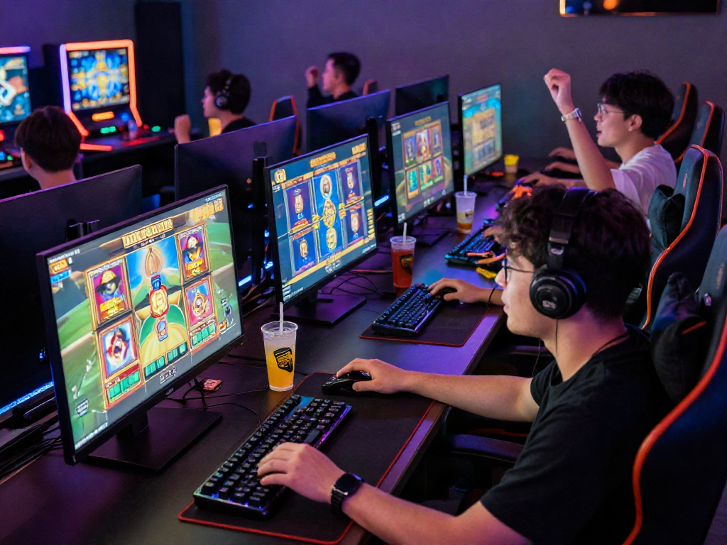 Players immersed in online agen slot gaming, colorful screens and snacks around