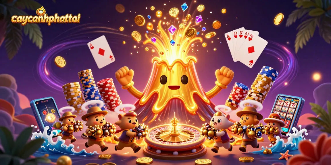Engage with caycanhphattai's thrilling casino adventure featuring a golden volcano erupting treasures.