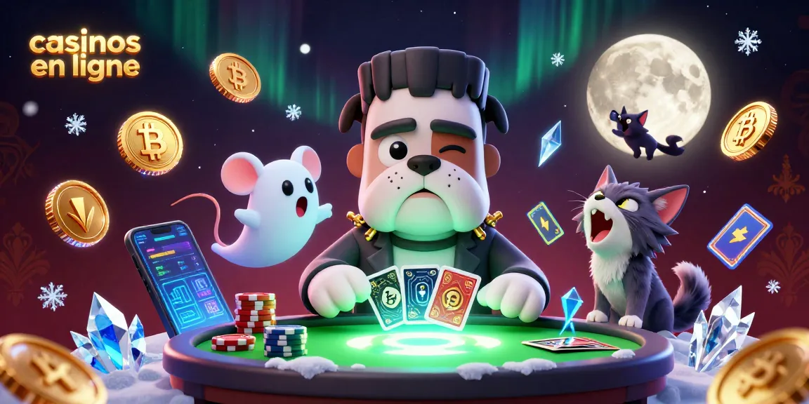 Jouez aux casinos en ligne avec une illustration dynamique d'un bulldog et un chat loup autour d'une table de cartes.