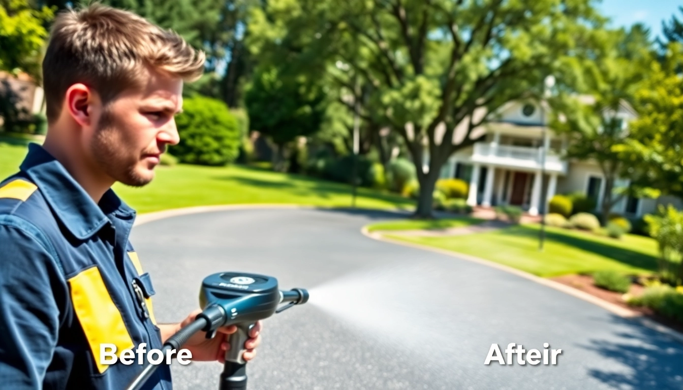 Driveway cleaning technician showcasing before and after results with a high-pressure washer.