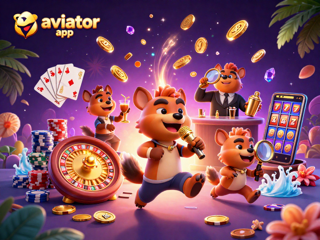 Aviator app showcasing lively hyenas in a casino scene mixing drinks and checking IDs amidst sparkling gems and coins.