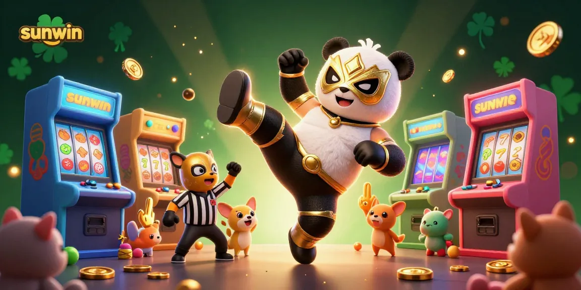 sunwin showcases an exciting casino scene with a panda wrestler, lively spectators, and vibrant game elements.