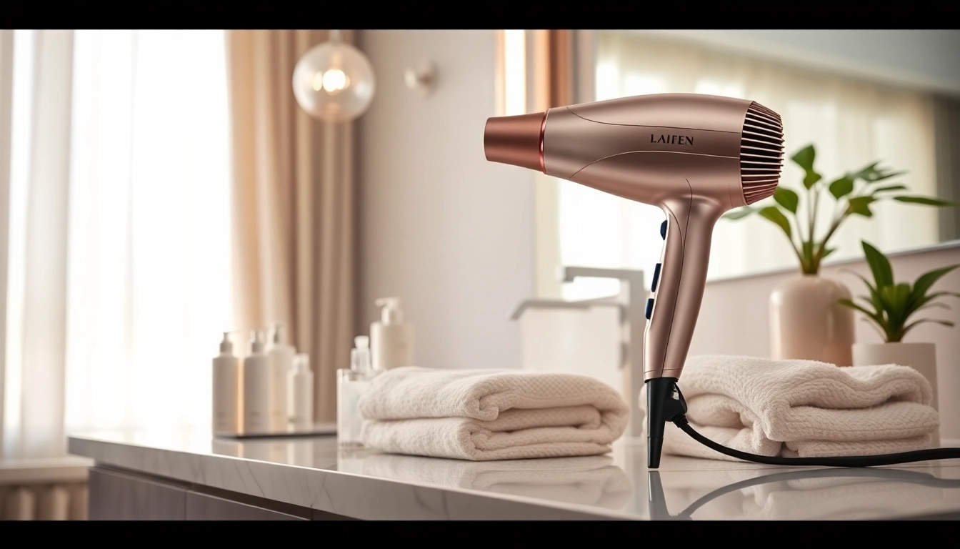 Stylish Laifen blow dryer accentuating sleek design on a modern bathroom countertop.