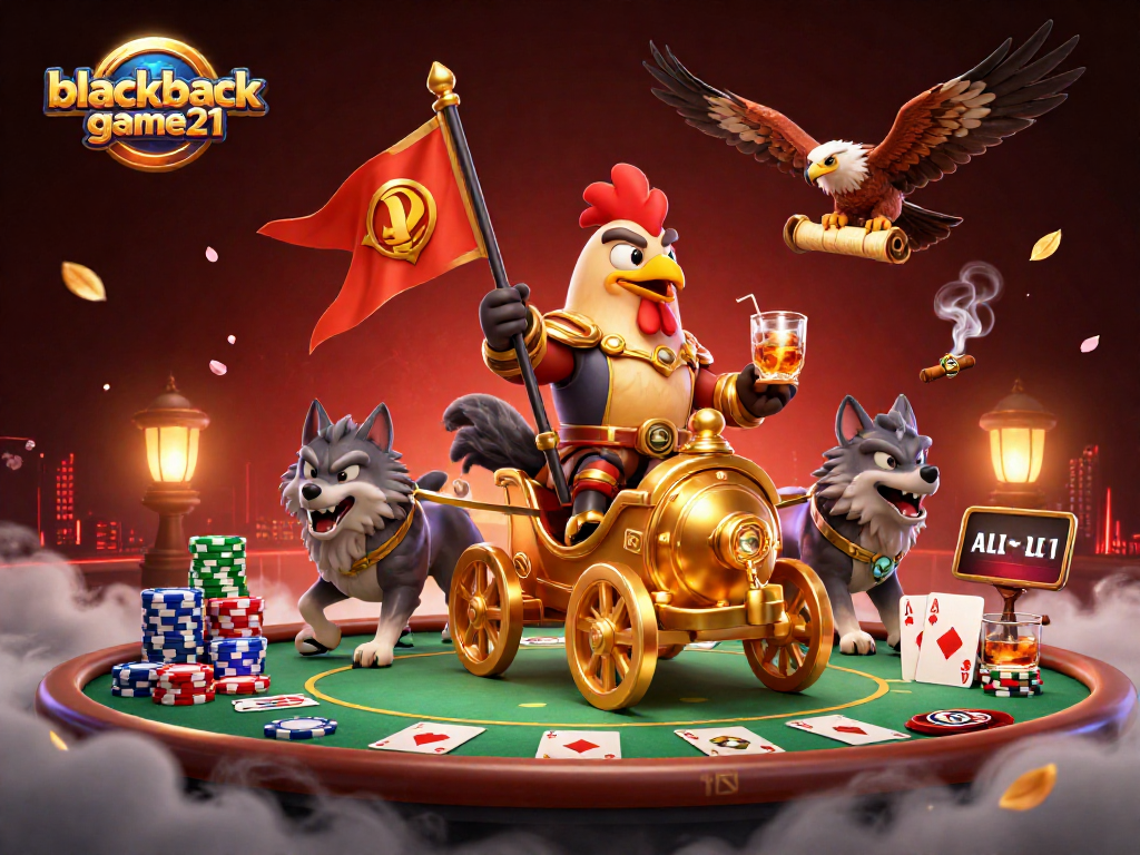 Win at blackjack-game21 with an epic 3D scene featuring a rooster warlord and poker elements.