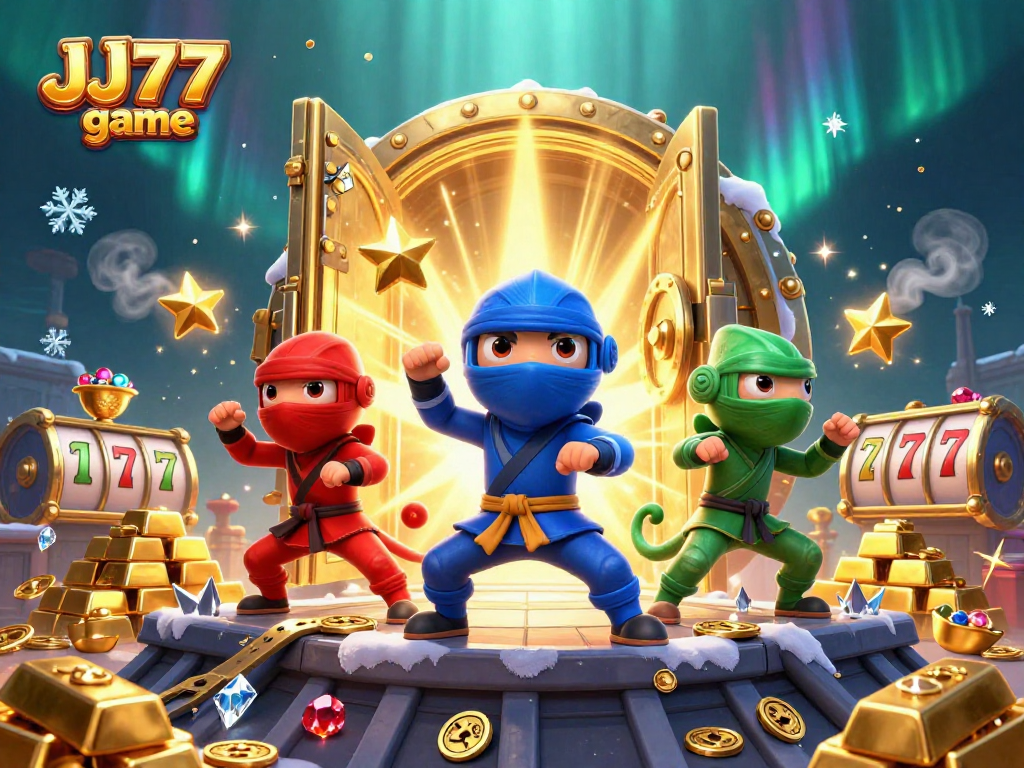 Experience thrilling action with JJ77 game as chameleon ninjas celebrate big wins in a vibrant casino.