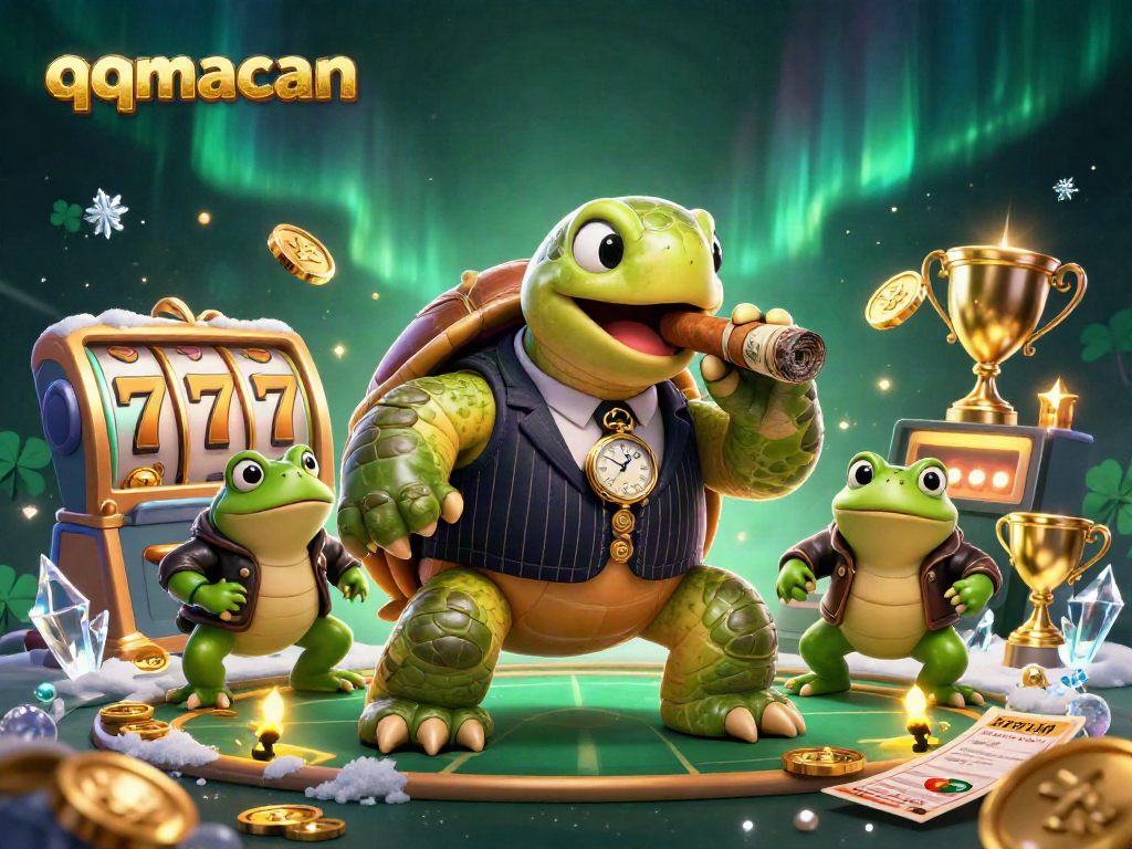 Engage in thrilling QQMacan gaming with a detailed 3D illustration of a turtle mobster and frog enforcers.