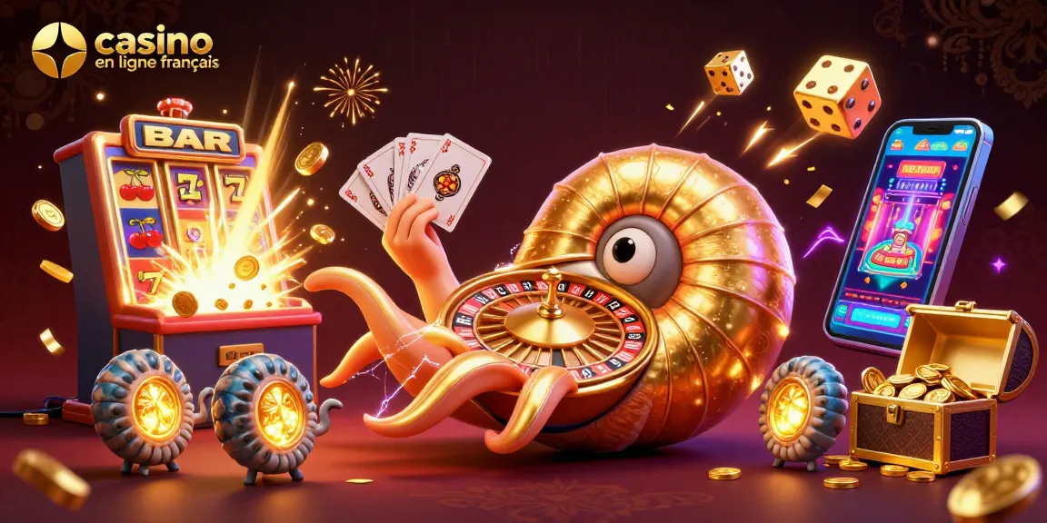 Jouer au casino en ligne français avec une illustration dynamique et colorée d'un nautilus comme roulette.