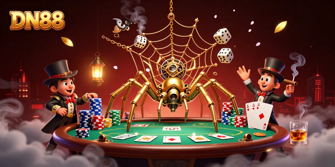 Engage in thrilling gameplay at DN88, featuring a steampunk spider capturing dice amidst a lively poker scene.