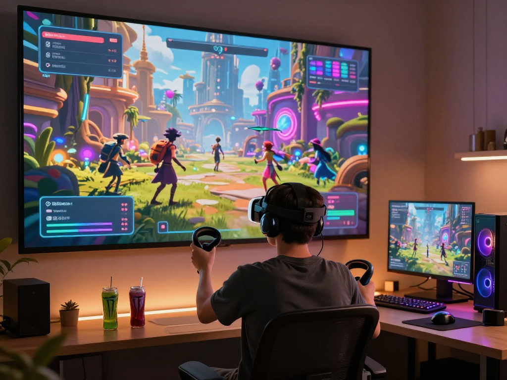 Engaging ai roleplay scene featuring a gamer in a vibrant virtual world with VR headset.