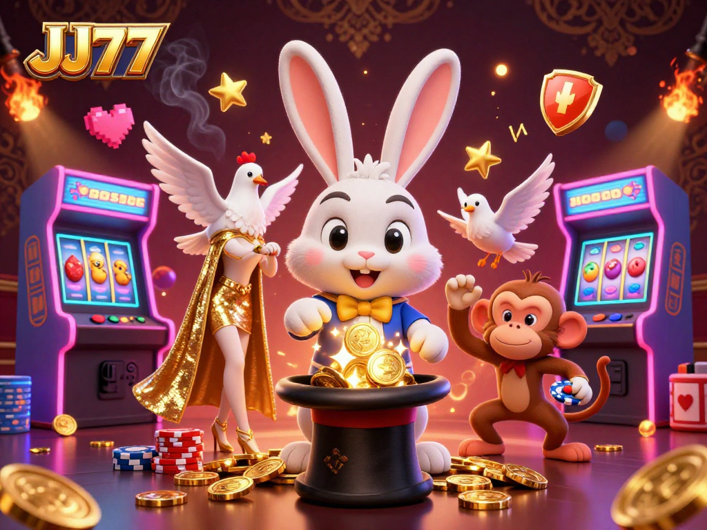 Experience winning moments with JJ77 as the magician rabbit pulls coins and poker chips in a vibrant casino scene.