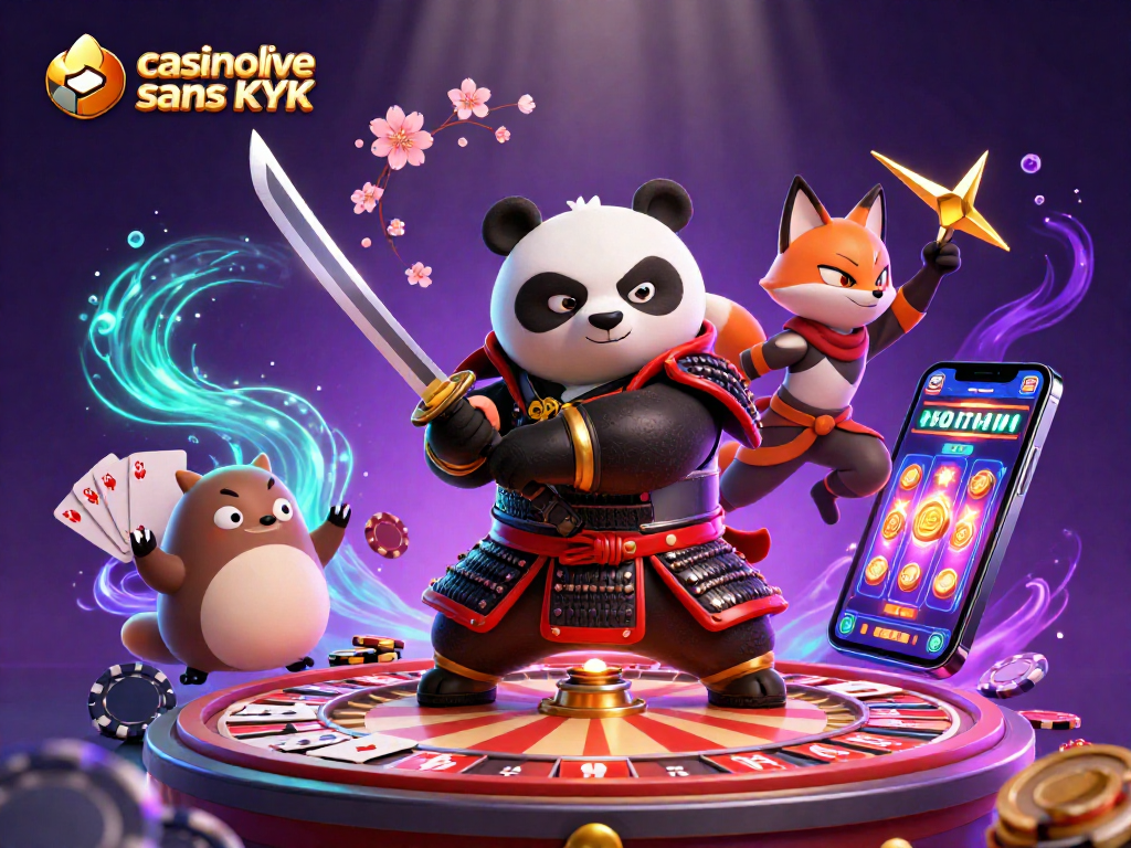 Profitez de jeux captivants dans un casino live sans KYC avec cette illustration dynamique remplie d'éléments de jeu.