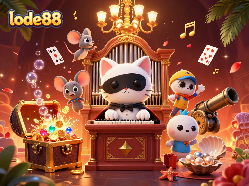 Engage with lode88 at a captivating casino scene featuring a mythical cat and playful elements.