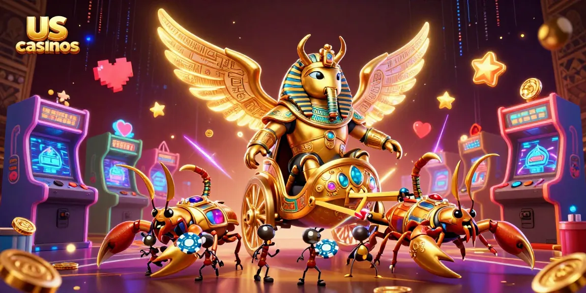 Spin the reels at us casinos with vibrant 3D elements, including a colossal beetle and scorpions.