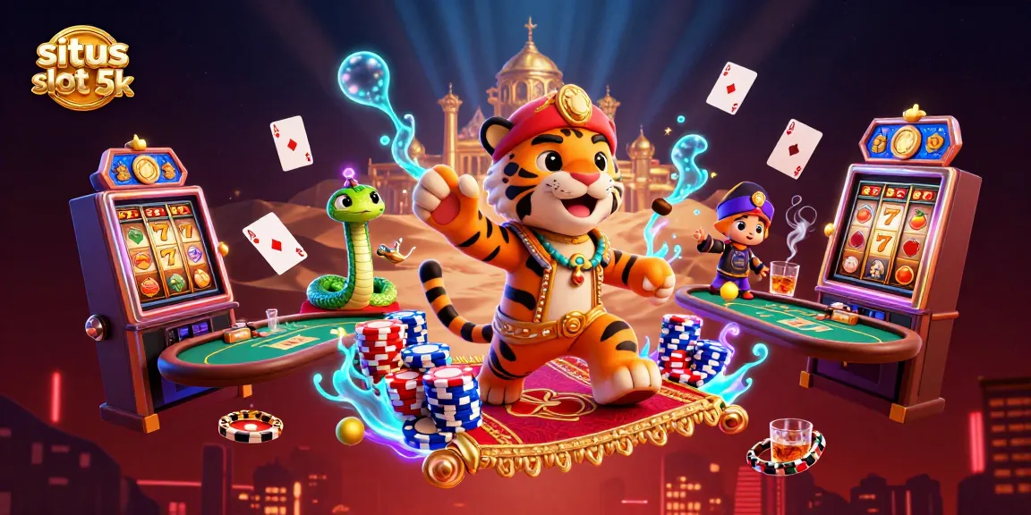 Activate your luck at situs slot 5k with a magical, Arabian Nights-themed casino scene.