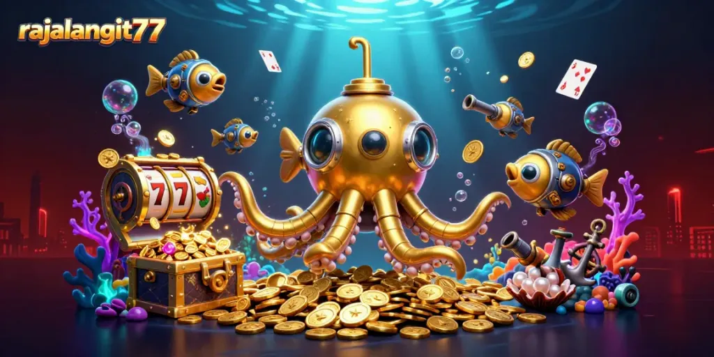 Permainan seru rajalangit77 dengan simbol slot dan harta karun terbenam.