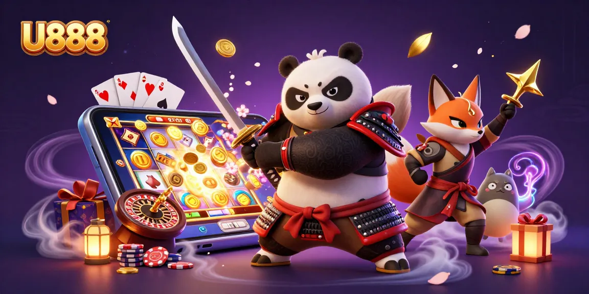 Experience the thrill of U888 as a samurai panda battles with a ninja fox in a vibrant casino world.