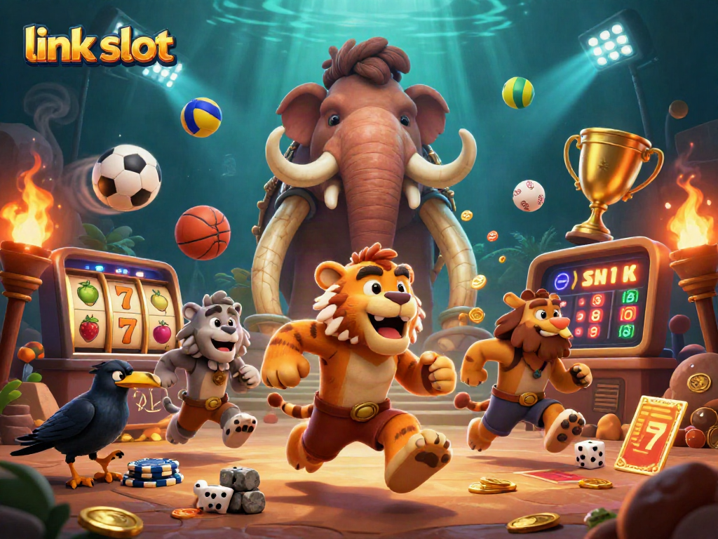 Experience the excitement of link slot with prehistoric casino characters in a vibrant 3D illustration.
