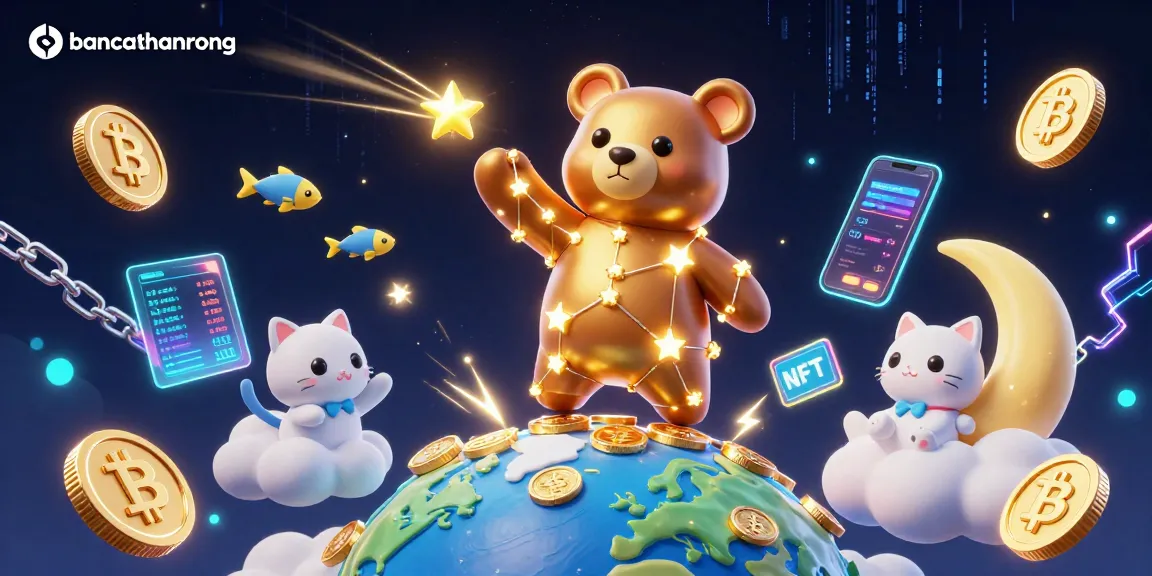 Engage in thrilling gaming at bancathanrong with this vibrant 3D casino scene featuring a constellation bear and crypto elements.