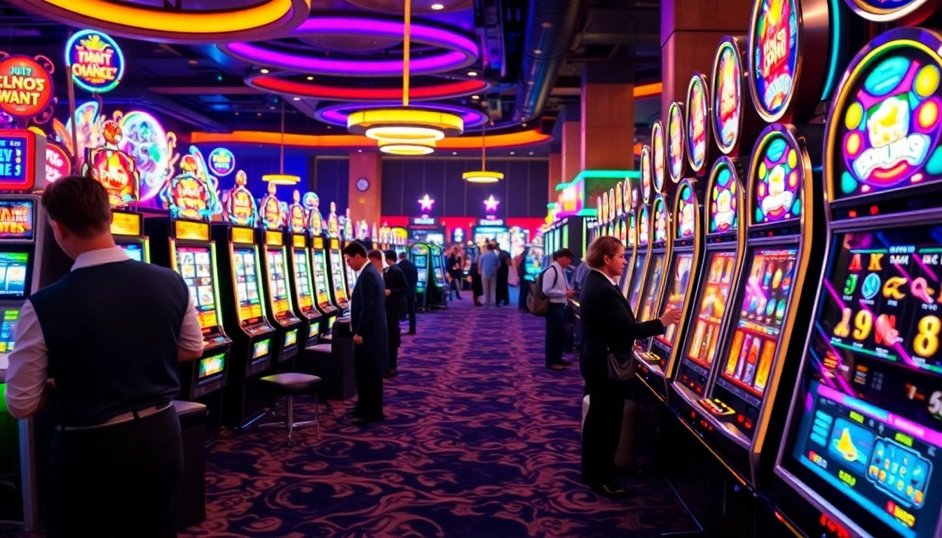 Engaging scene of slot gambling with vivid machines and lively atmosphere in a bustling casino.