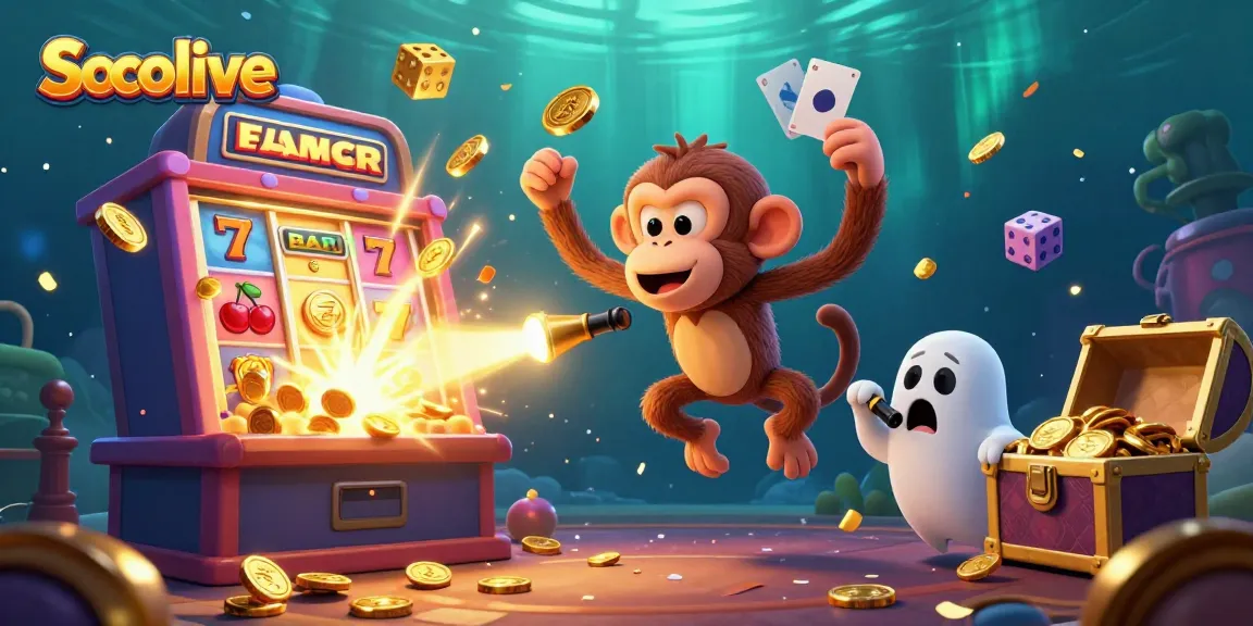 Socolive captivates players in a vibrant casino where a mischievous poltergeist monkey juggles golden coins and cards.