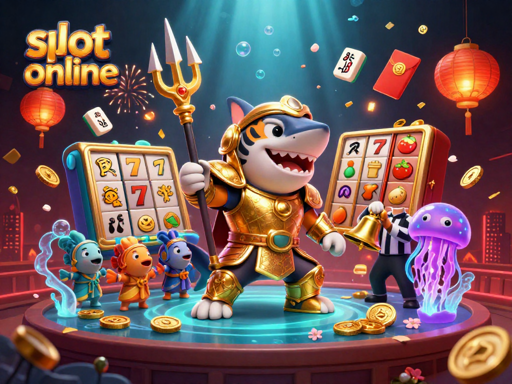 Engage in thrilling slot online action with a tiger shark in gladiator armor amidst vibrant underwater gaming elements.