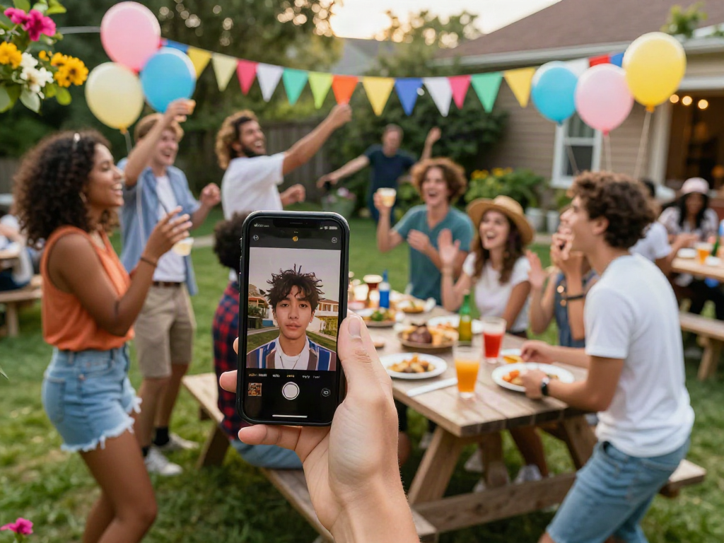 Group enjoying a backyard party using a celebrity look alike app for matching faces with famous personalities.