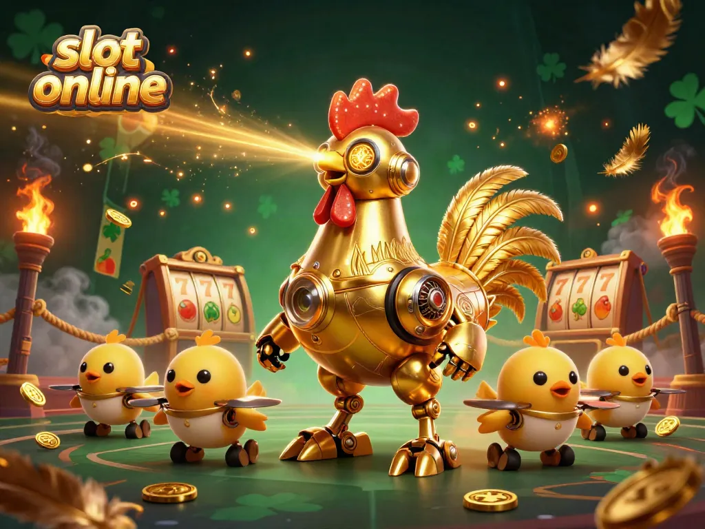 Experience slot online excitement with a golden rooster robot leading a dynamic game scene full of action.