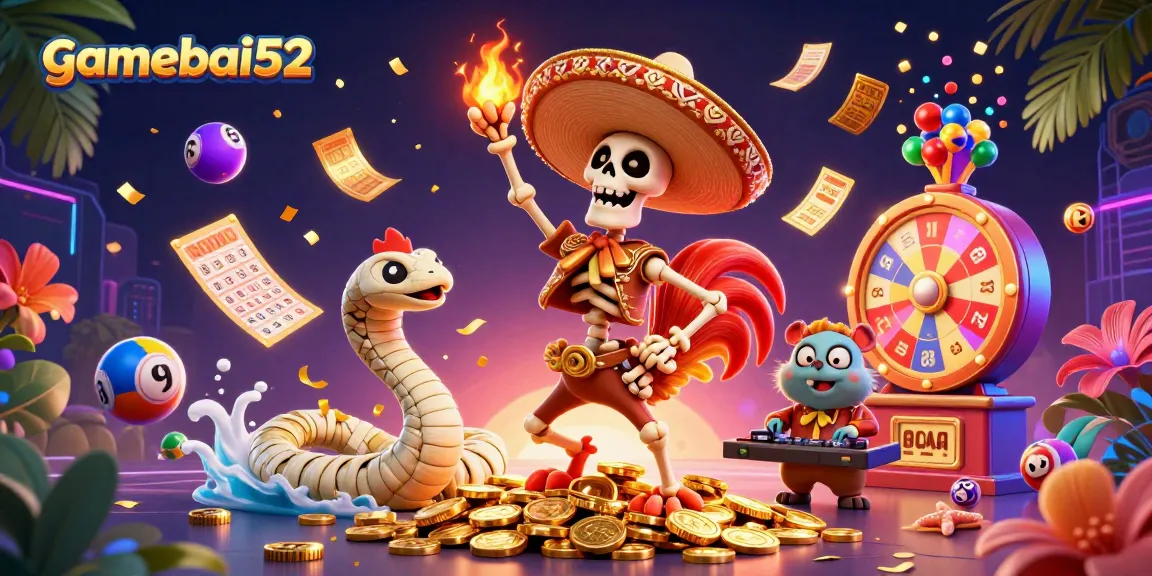 Engage with gamebai52's thrilling victory moments in a vibrant casino-themed illustration.