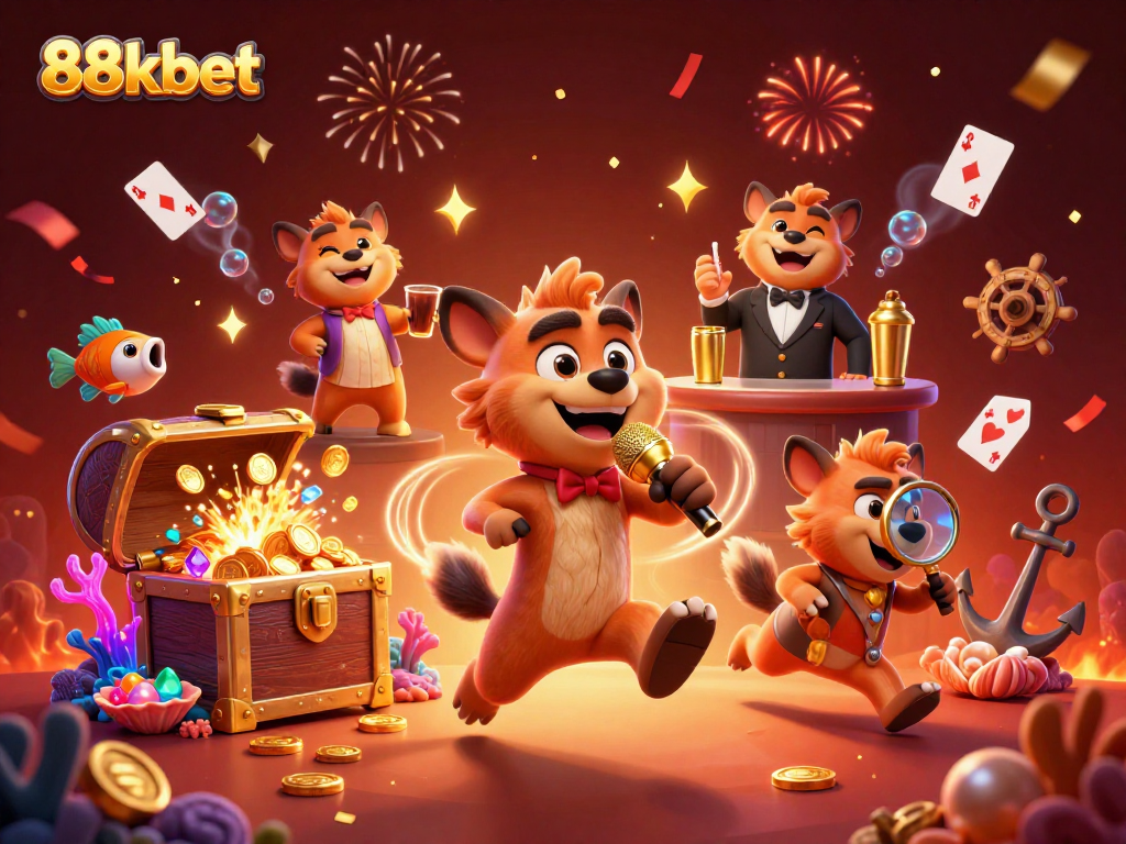 Experience the excitement of 88kbet's casino with lively hyenas in a vibrant celebration atmosphere.
