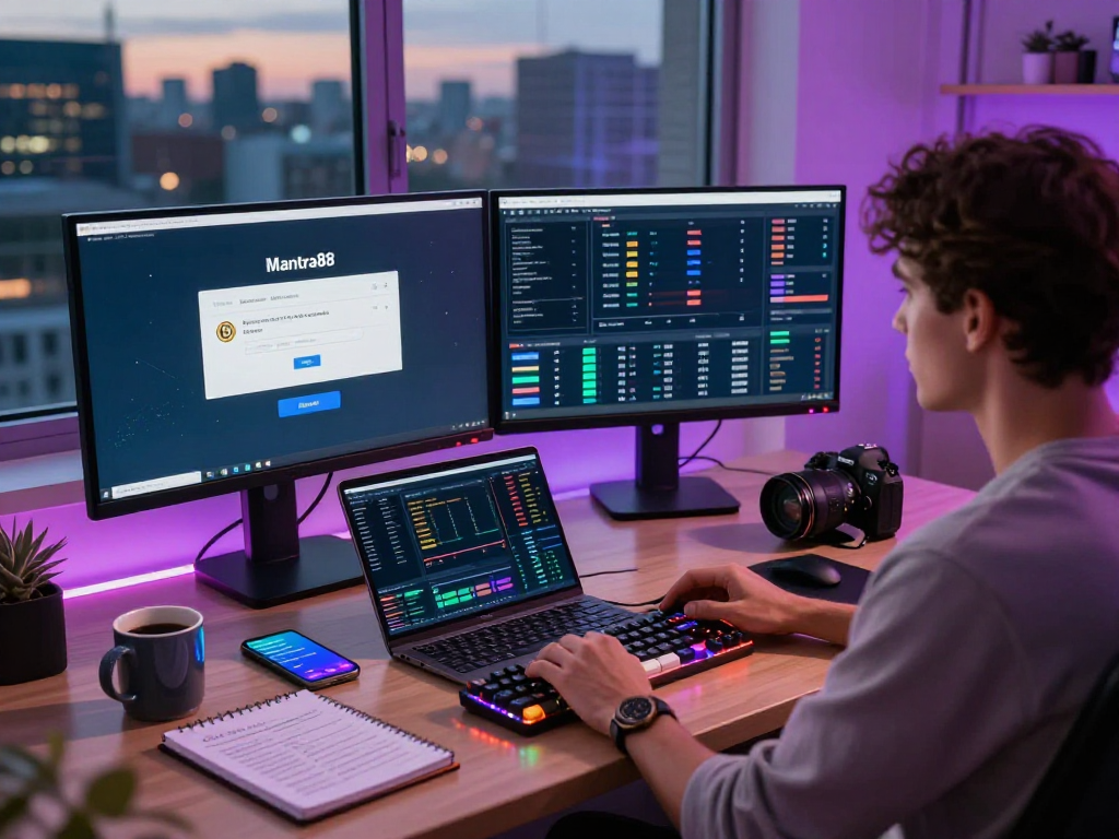 mantra88 login interface displayed on dual monitors in a digital finance workspace