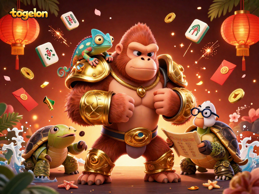 Witness the togelon excitement with a gorilla king, chameleon, and tortoise in a lively casino scene.