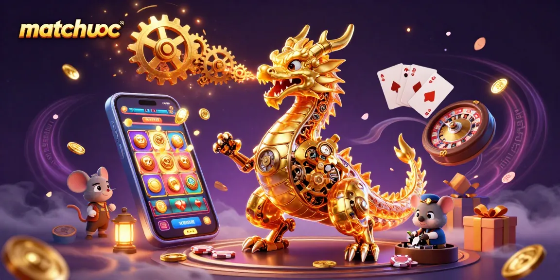 Experience the thrill of matchuoc with a golden dragon breathing gears amidst slot games and poker chips.