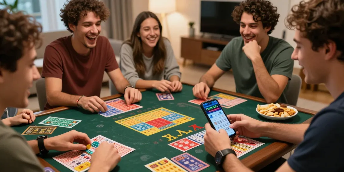 Exciting group enjoying situs togel games with lottery tickets and smartphone at home.