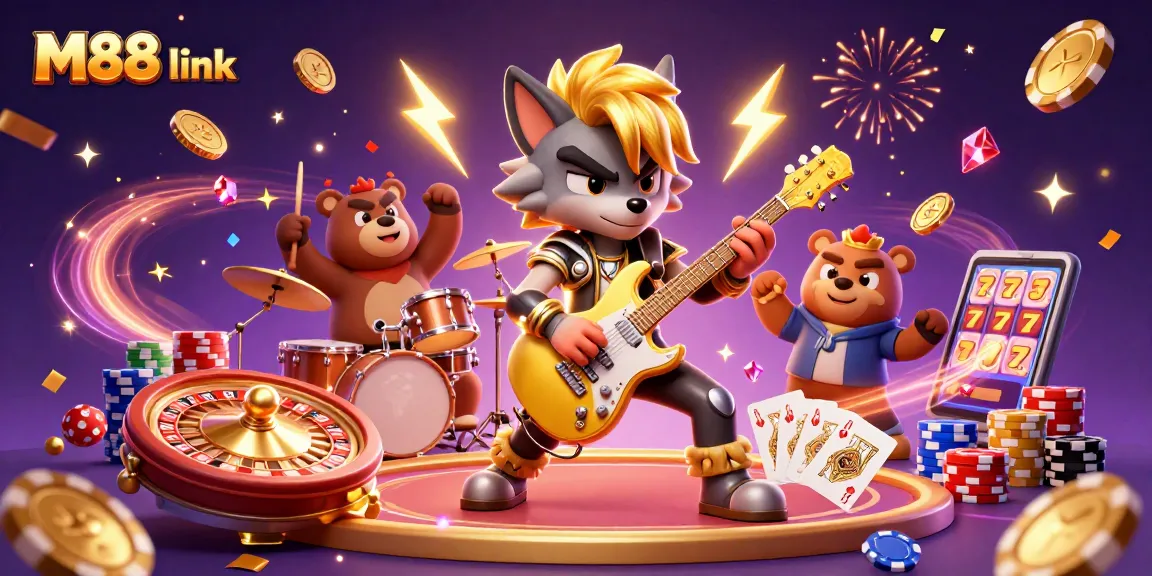 Experience the thrill of winning at M88 link with 3D cartoon characters in an exciting casino scene.