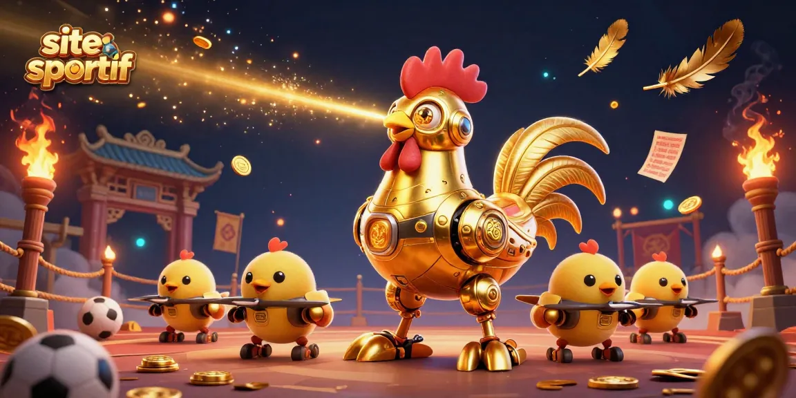 Pariez sur le site paris sportif avec une représentation captivante d'un robot coq doré et des drones, entourés d'éléments de pari.