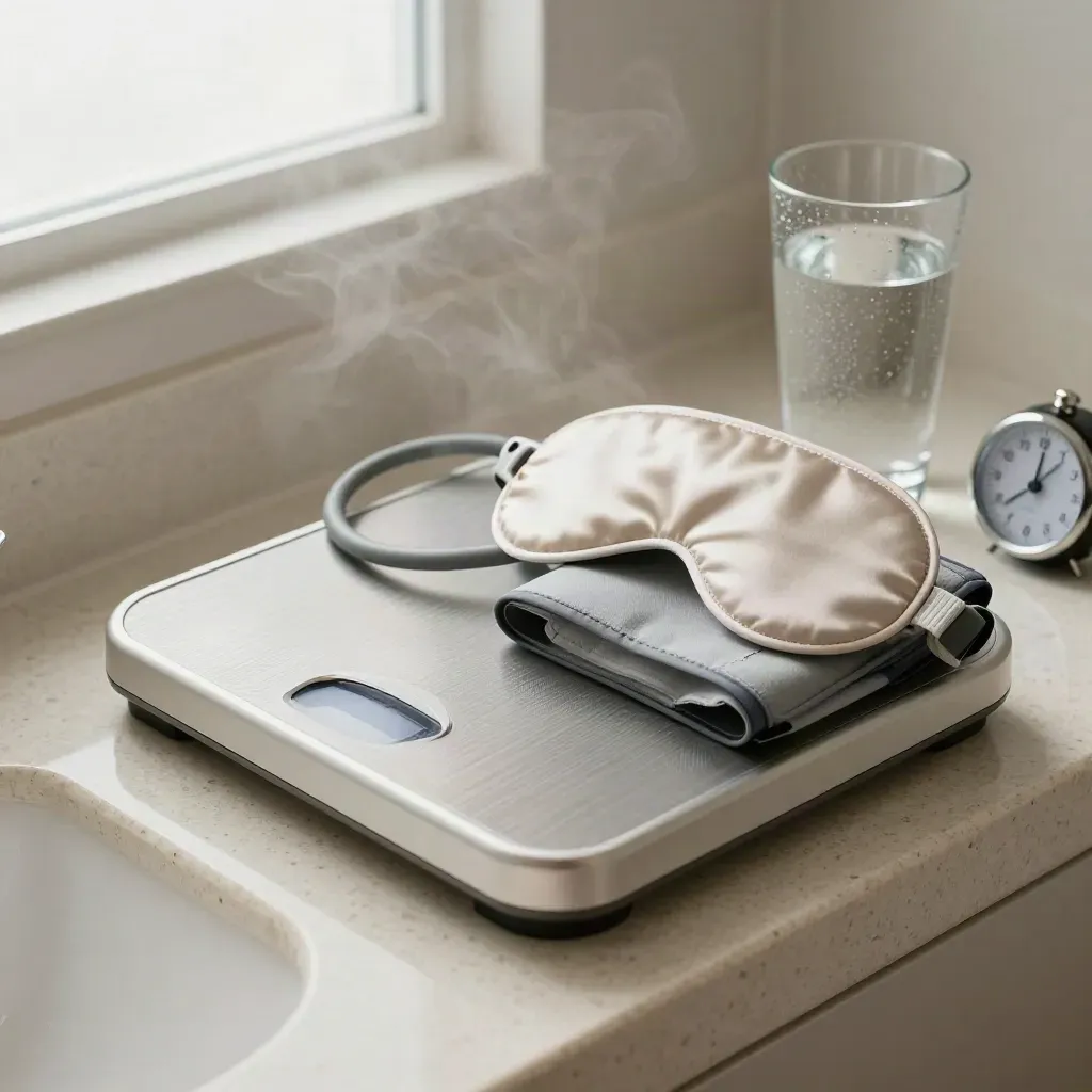 Bathroom wellness checkup essentials on travertine shelf with steam and a diagonal of objects.