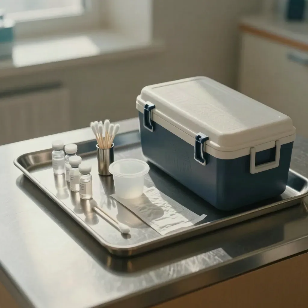 Top-down preventive screening kit with vials, swabs, specimen cup, tray and cooler on steel.