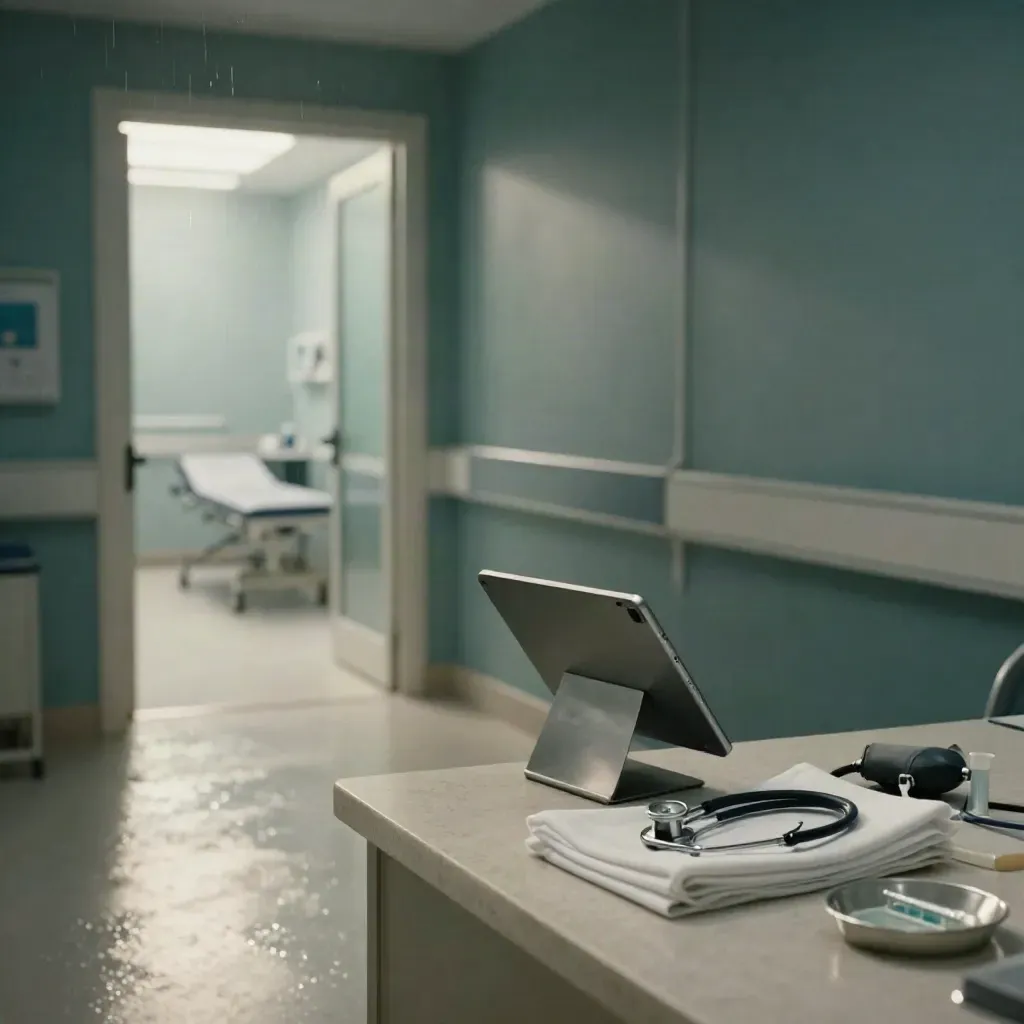 Moody clinic foyer with exam-room tools on stone, rain haze, and teal accents