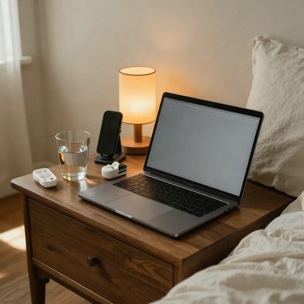 Cozy bedside telehealth setup with laptop, earbuds, pulse oximeter, water, and pill organizer.