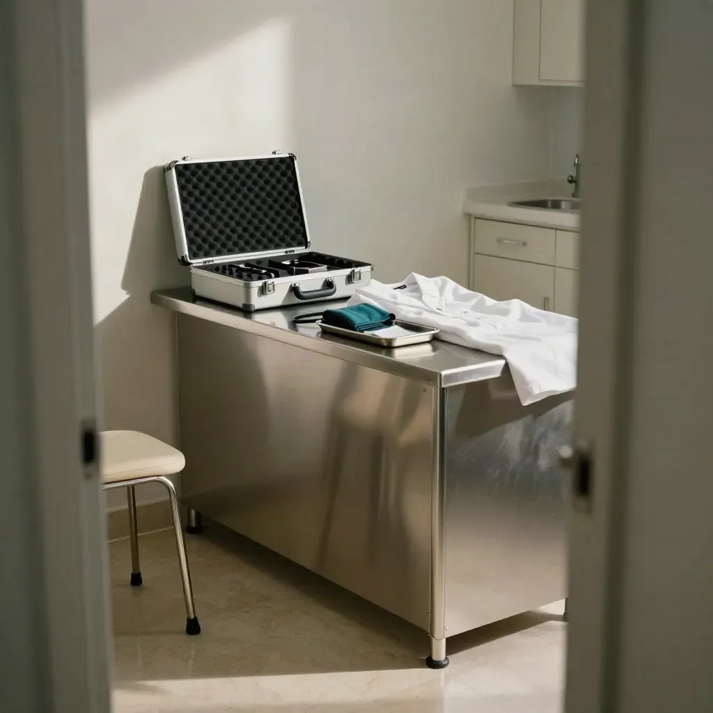 Empty exam room corner set for a primary care visit with tray, cuff, gown, and otoscope case.