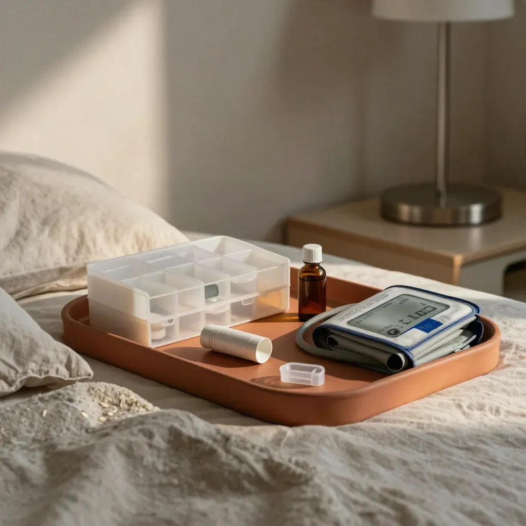 Bedside tray with medication organizer, inhaler, blood-pressure cuff, spacer, and refill bottle.